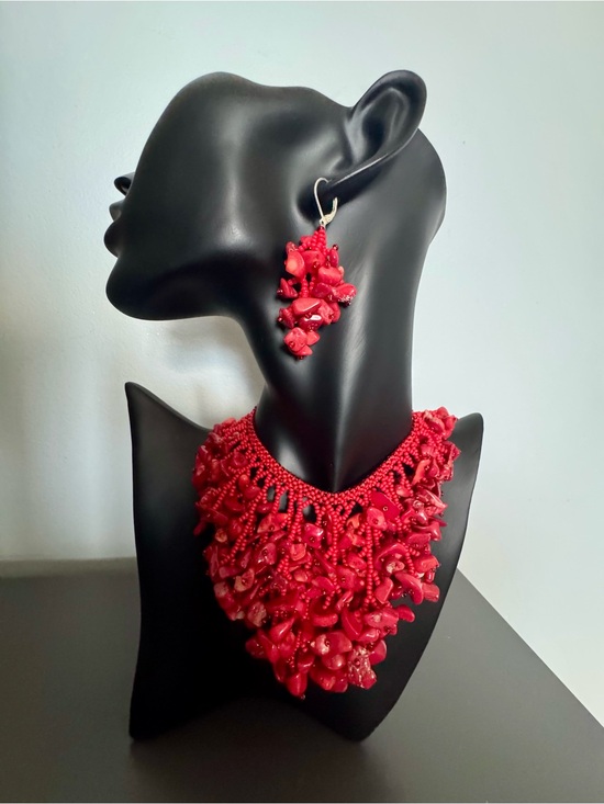 Handmade Jewelry - Handcrafted Red Natural Coral Statement Necklace and Earrings Set
